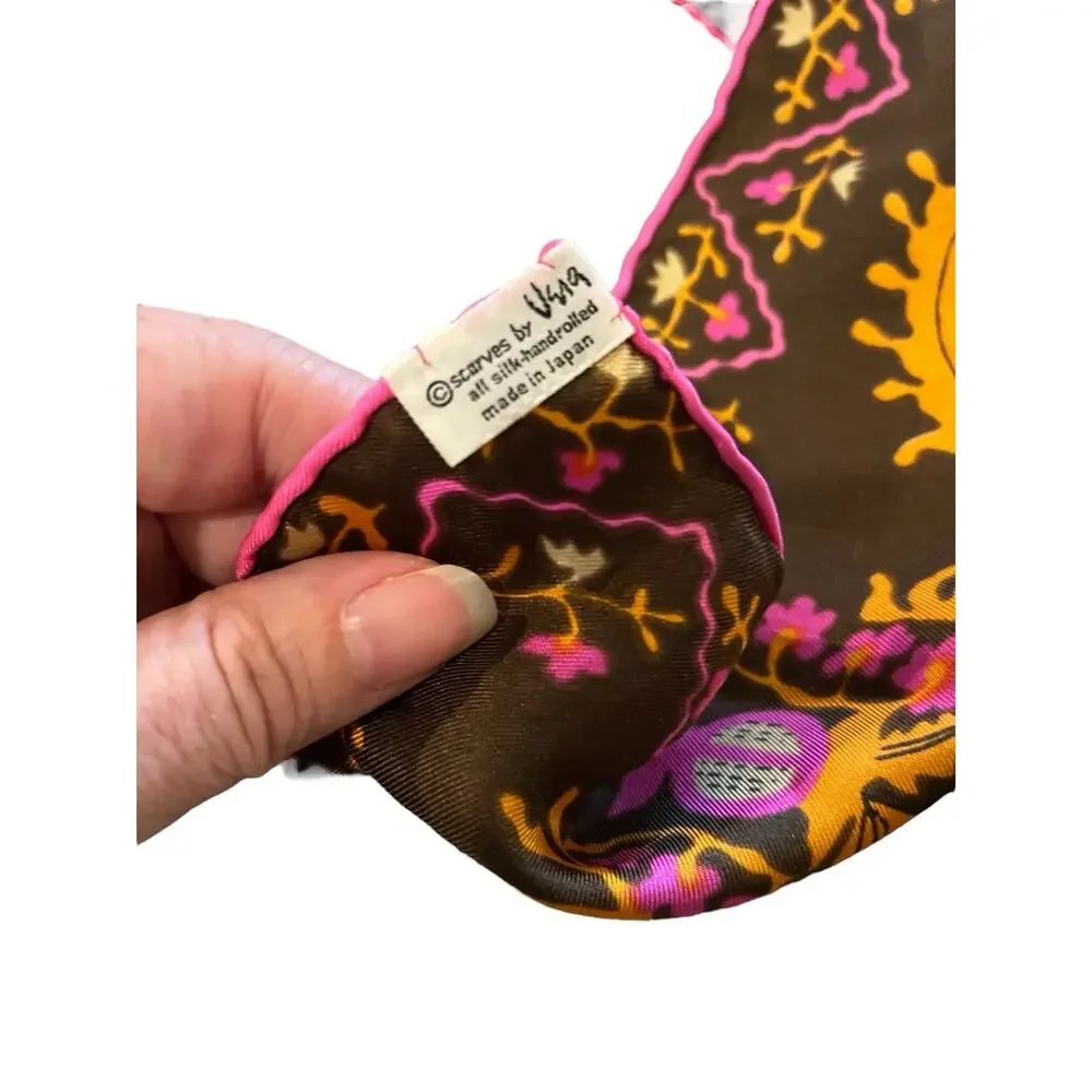 Vera Neuman Scarf 22x22” VTG All Silk Hand Rolled Japan Pink Orange Brown